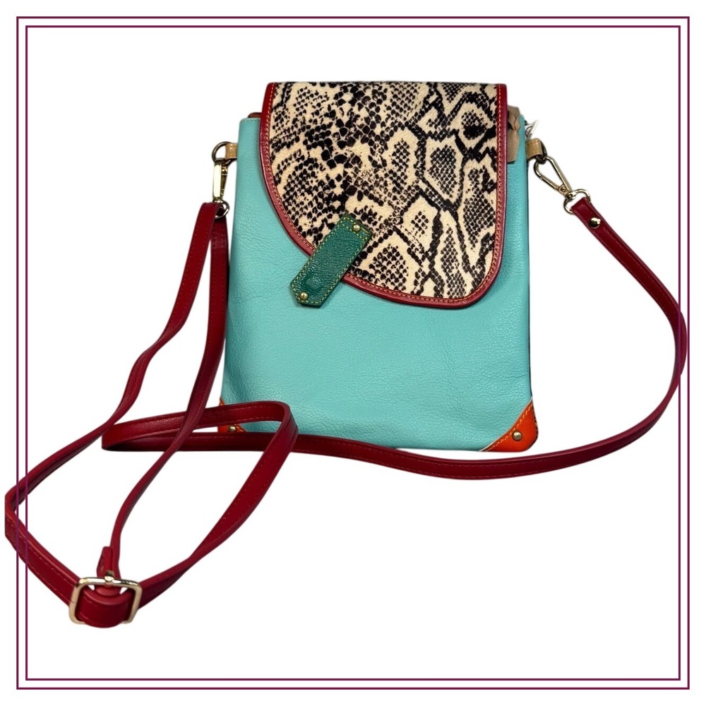 VAAN & CO Crossbody Bag Aqua Snake Print Leather Accents Zip Pocket Purse